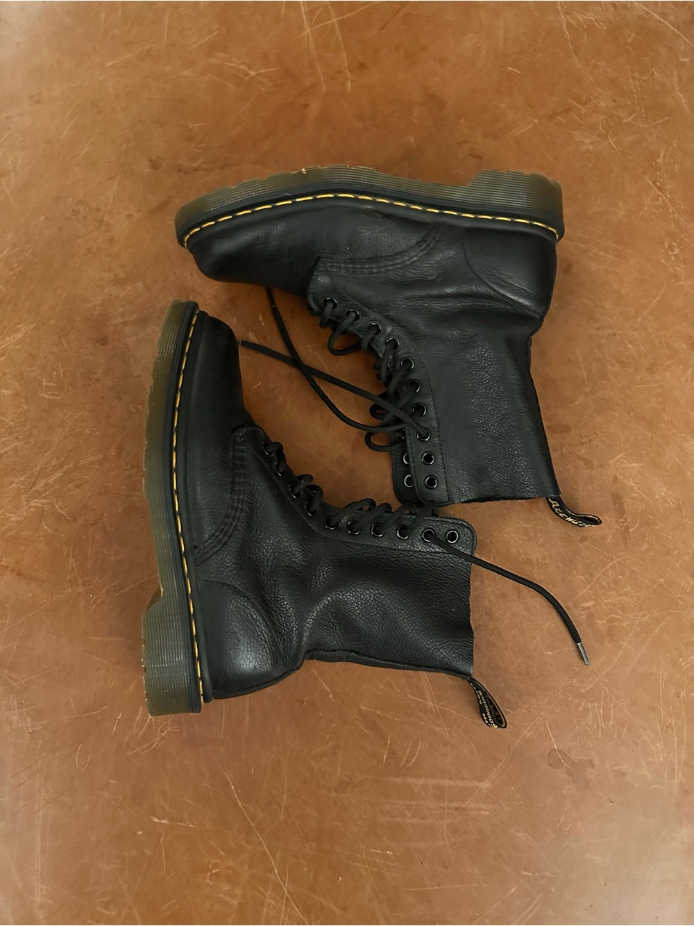 Dr. Martens Black Leather Lace-Up Combat Boots with Yellow Stitching